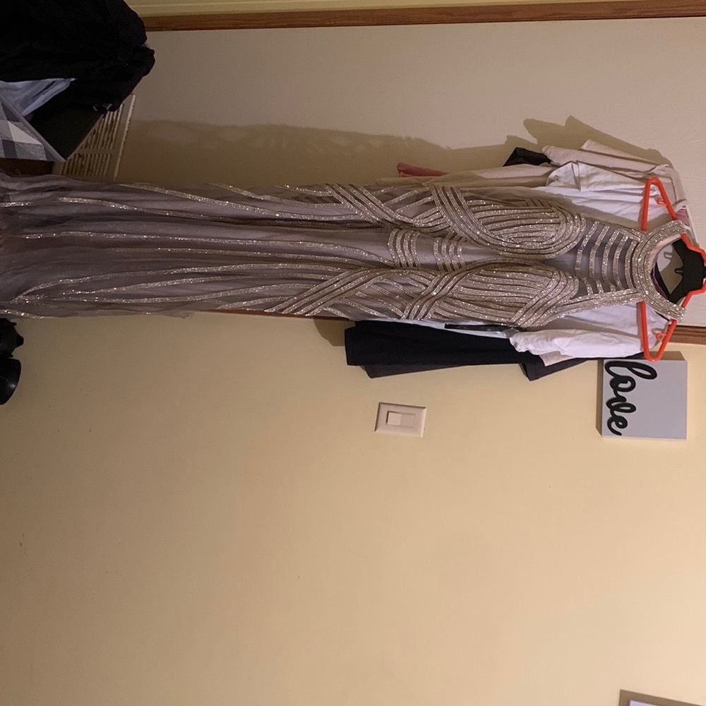 Silver beaded formal.